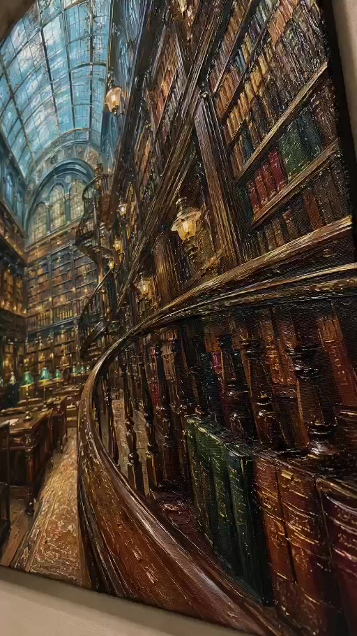 Dettagli in rilievo di un quadro raffigurante una biblioteca